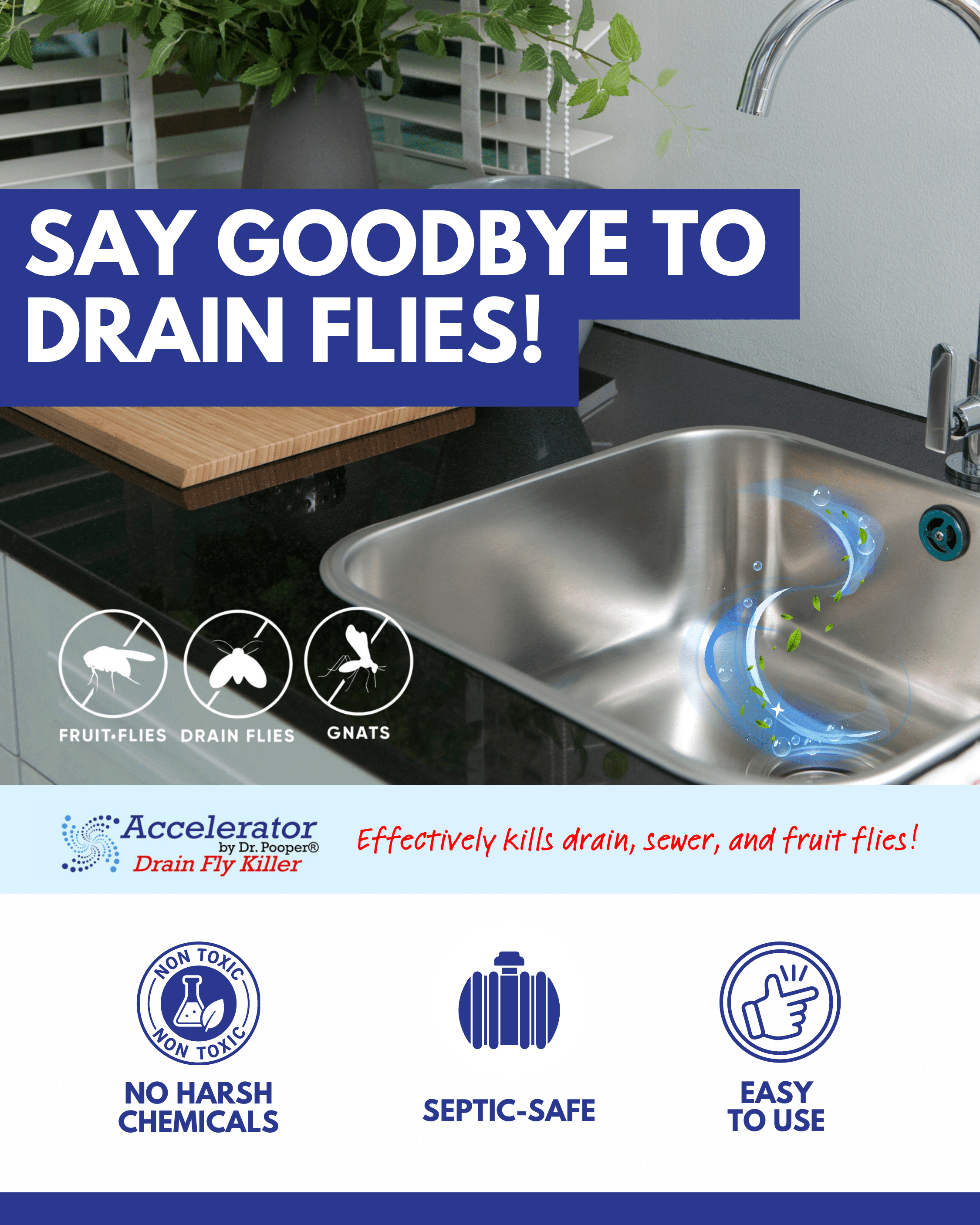 Accelerator by Dr. Pooper® Drain Fly Killer – Eliminates Drain Flies and Sewer Flies in Sinks, Drains & Showers