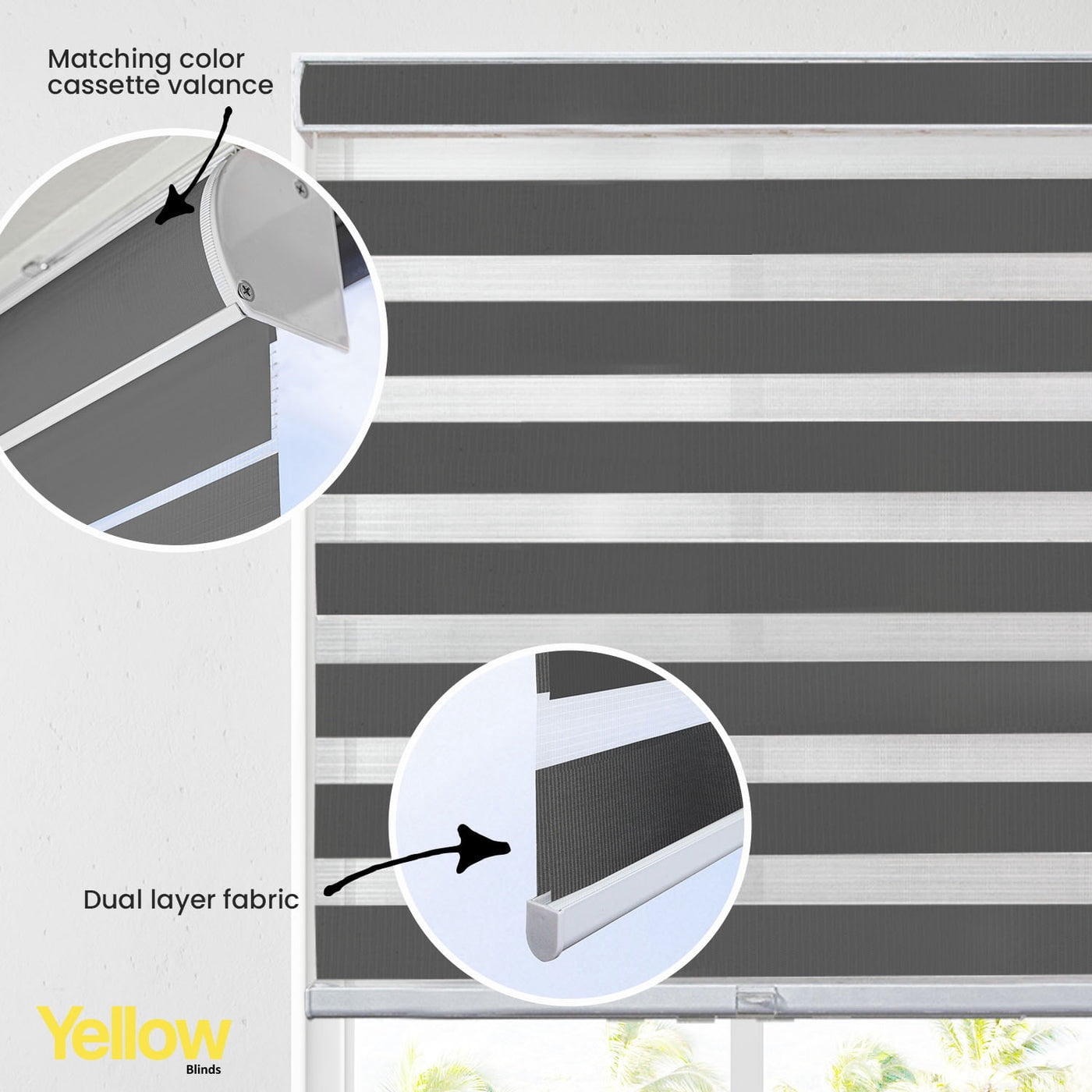 YELLOW BLINDS Gray Cordless Zebra Roller Shades for Windows, Dual Layer Light Filtering & Room Darkening, 70"W X 72"H, Modern Window Blinds with Cassette Valance, Easy Install, Safe for Kids & Pets