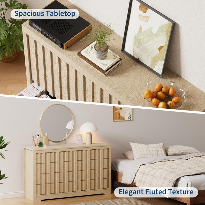 TROPOW Modern Fluted Dresser for Bedroom, Wooden Chest of Drawers, Handleless Storage Organizer with Deep Drawers for Clothes, Living Room or Hallway Furniture