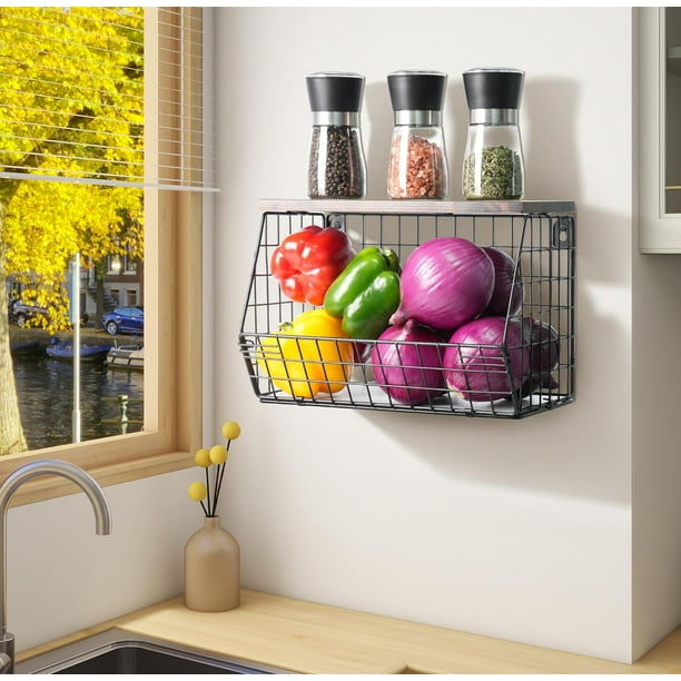 Frutero Cesta de frutas para mostrador de cocina Cesta colgante apilable montada en la pared Cesta de alambre con tapa de madera con ganchos para colgar plátanos, cesta de cebolla, almacenamiento de