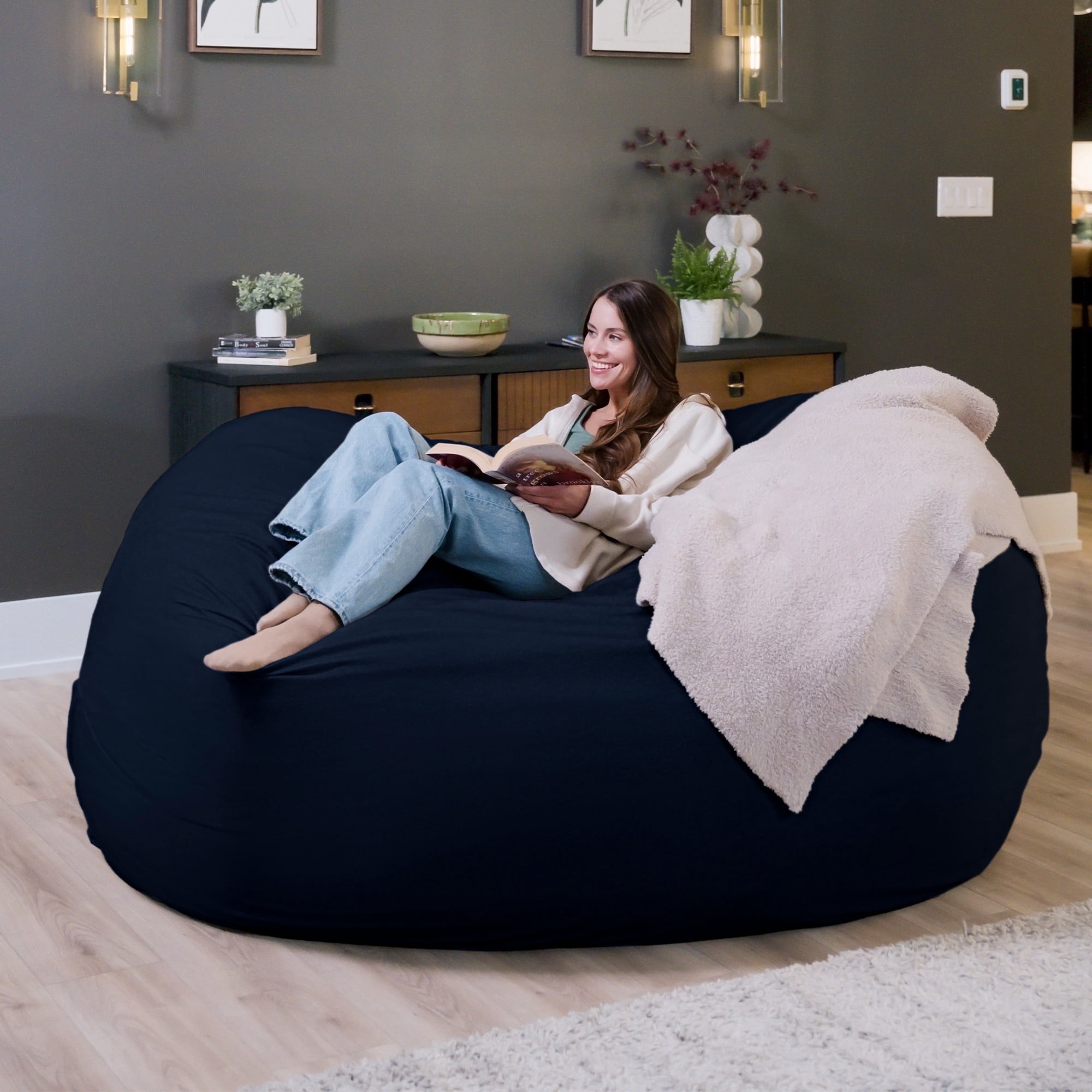 Big Joe Fuf 7Ft Giant Foam Bean Bag Chair, Oversized Couch with Removable Cover for Kids, Teens, Adults, Cobalt Lenox, Durable Woven Polyester, 7 Foot