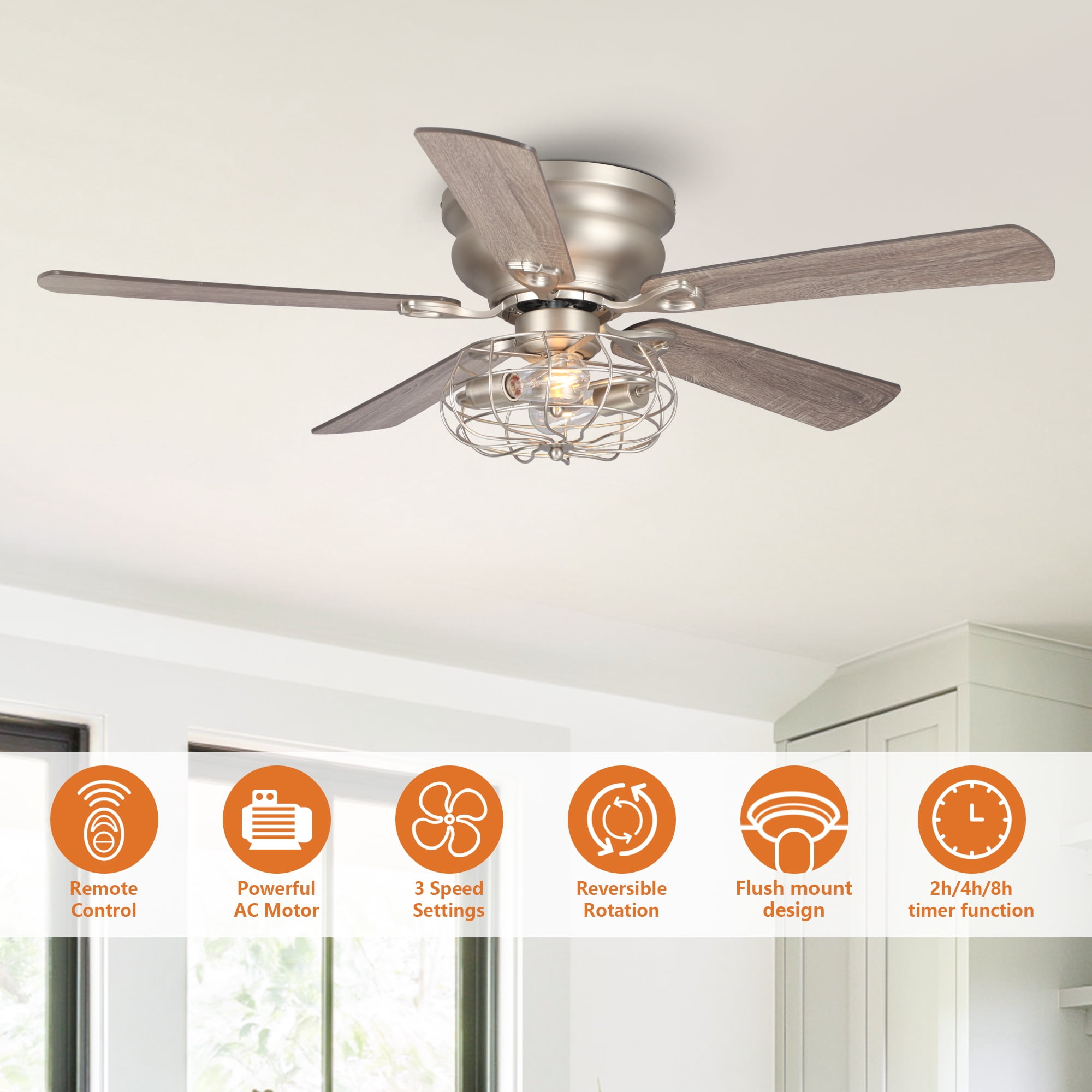 Flush Mount Ceiling Fan with Lights Low Profile Ceiling Fan 5 Reversible Blades Remote Control, 48 inch