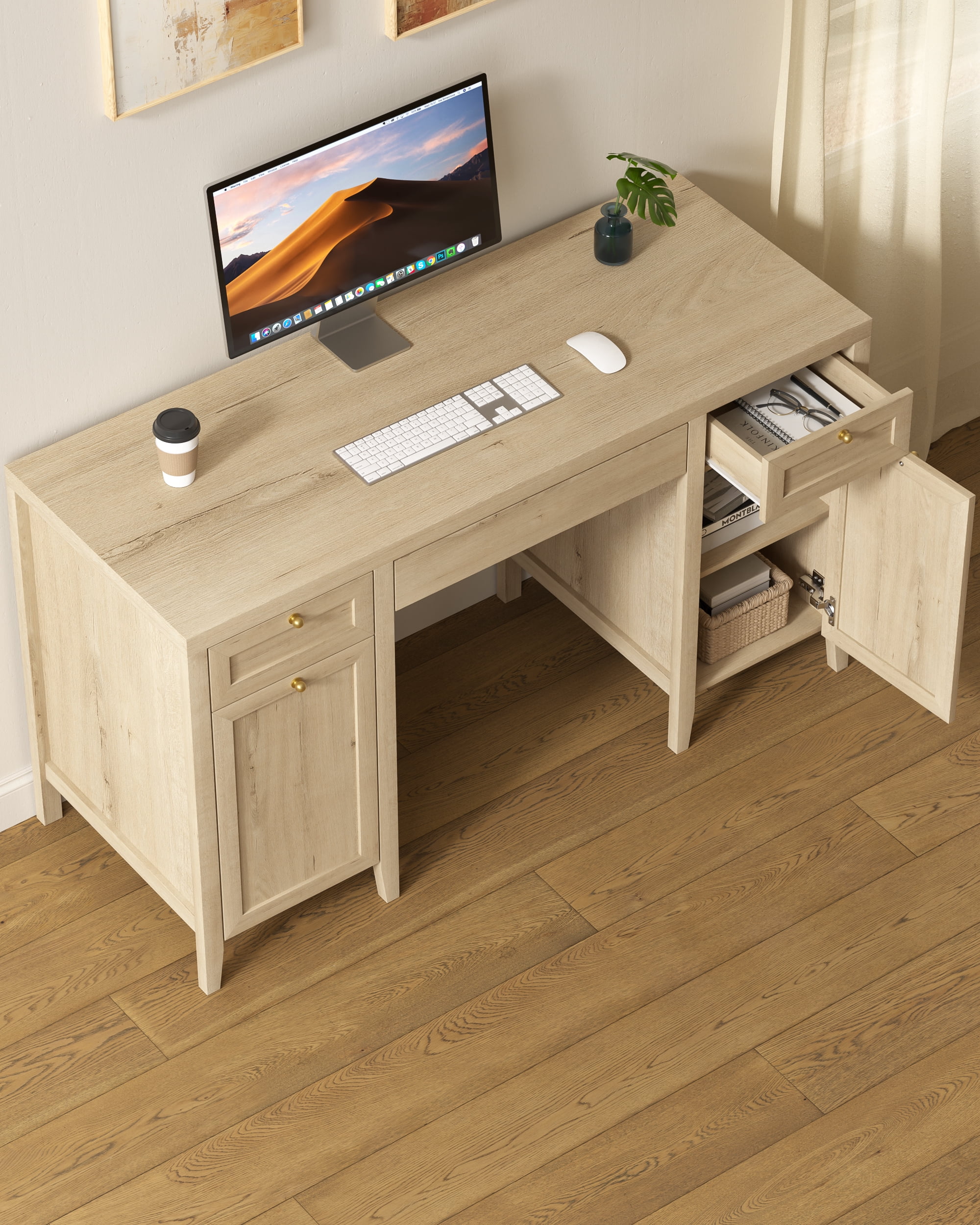 Joyyskill 52" Executive Desk with Storage Drawer, Farmhouse Home Office Desk with Storage Cabinet Wood Computer Writing Desk, Light Oak