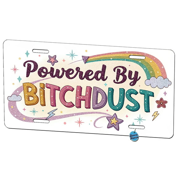 Powered By Bitchdust Sparkly Stars Rainbow Metal Novelty License Plate