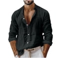 thumbnail image 3 of BiZtdJrK Mens Casual Cotton Linen Shirts Long Sleeve Button Down Shirt Turndown Collar Regular Fit Lightweight Solid Color Tops Black XXL, 3 of 9