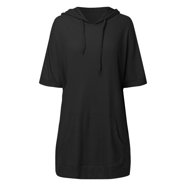 Women's 2025 Summer Oversized Short Sleeve Drawstring Hoodie Knit Side Slit Tunic Tops with Pocket