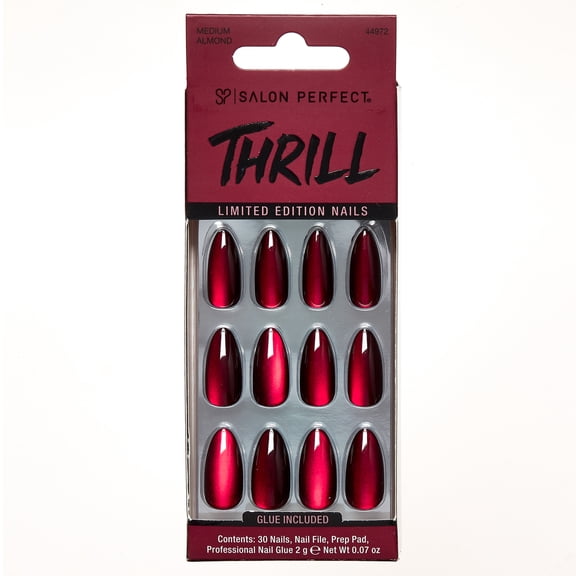 Salon Perfect Halloween Thrill Medium Almond Press-On Nails with Glue & File, Magnetic Red, 30 Pieces