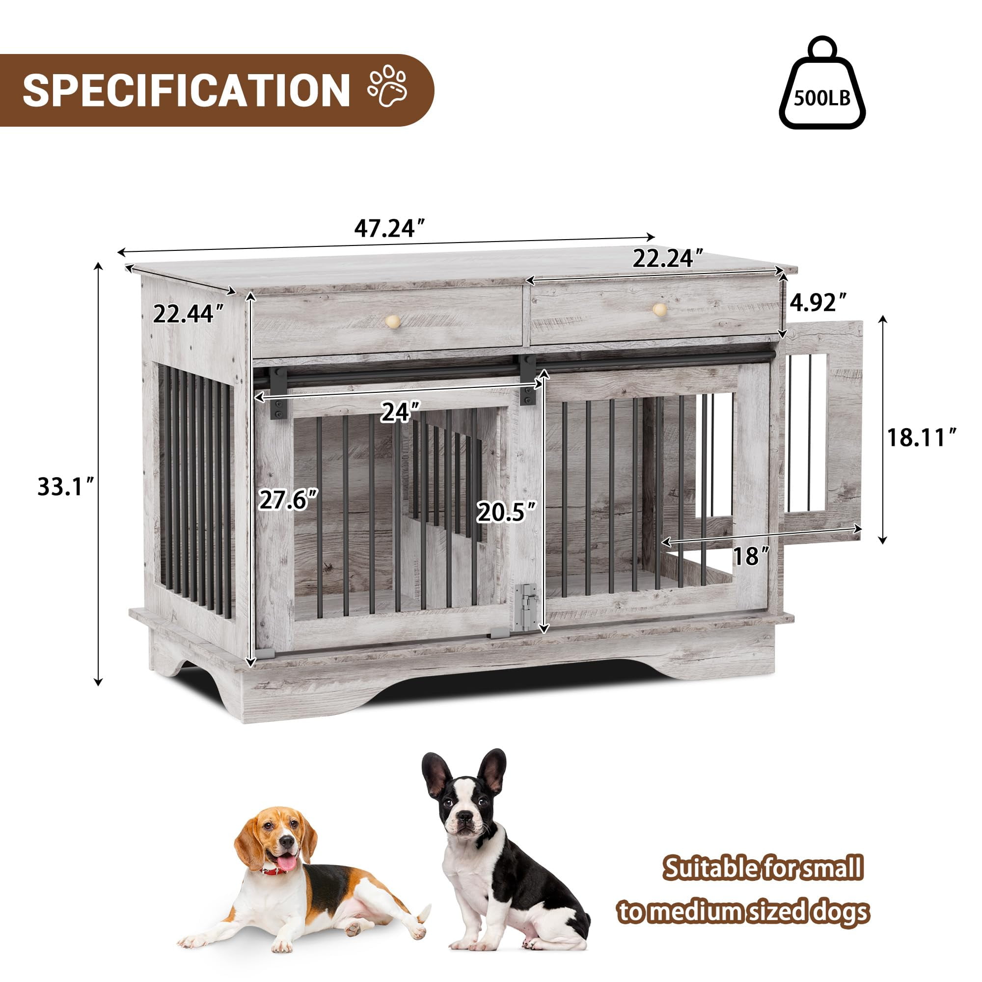 Litake Dog Furniture Crate, 47" Large Dog Crate Furniture w/ 2 Storage Draws & Removable Divider for Large/Medium/Small Dogs, Grey