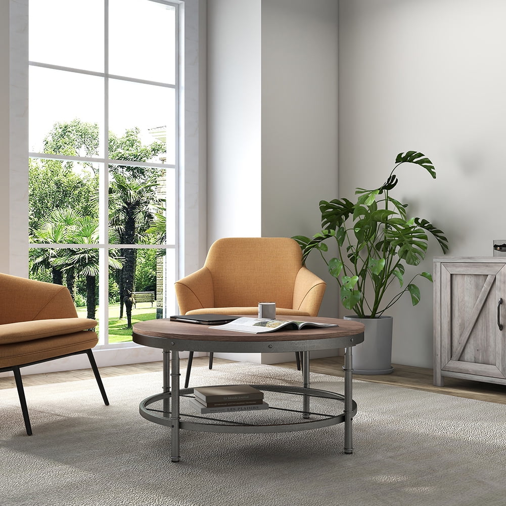 Kadyn 2-Tier Single Panel Round Coffee Table, Modern Accent Table with 3D Texture Metal Frame and Mesh, Retro Sofa Side Table for Living Room, Brown Kadyn 2-Tier Single Panel Round Coffee Table, Modern Accent Table with 3D Texture Metal Frame and Mesh, Retro Sofa Side Table for Living Room, Brown