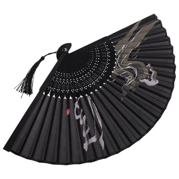 OULII Portable Black Folding Hand Fan Made with Bamboo and Cloth for Dance and Decor