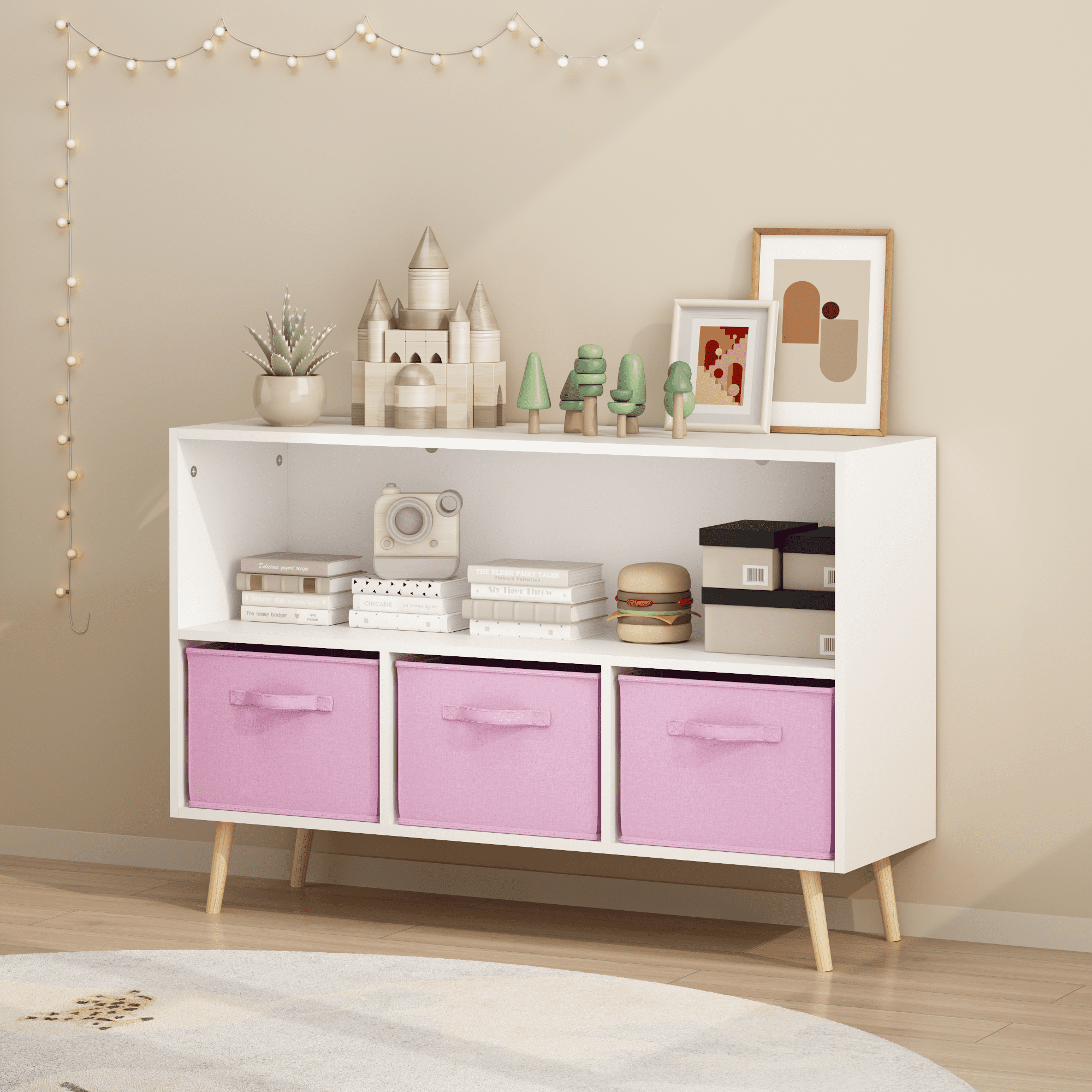 Kids bookcase with Collapsible Fabric Drawers Children s Book Display Toy Storage Cabinet Organizer