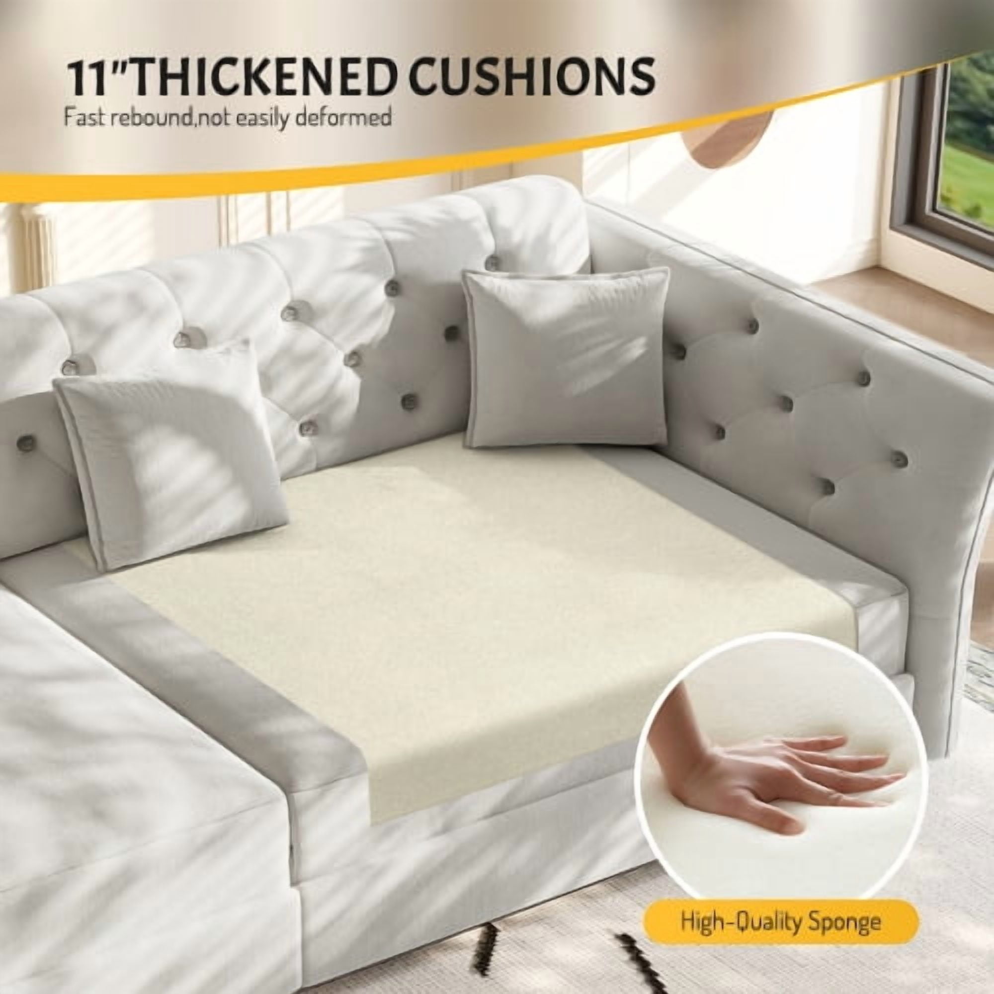 74.4" Queen Pull Out Sofa Bed, Convertible Sleeper Sofa with Handmade Fabric Flower Tufted Design, Multi-Functional Velvet Loveseat Bed for Living Room, Bedroom, Light Grey