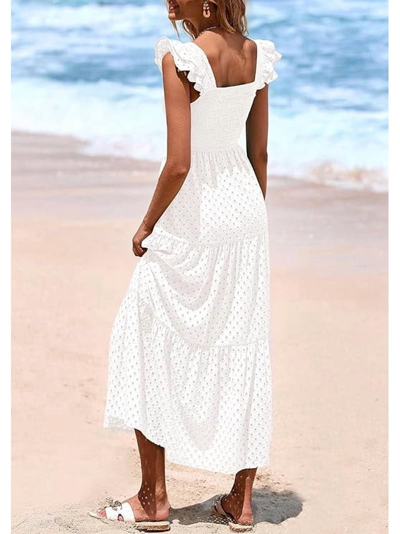 summer maxi dresses with cap sleeves Prettygarden Womens Summer Square Neck Maxi Dresses Cap Sleeve Eyelet Smocked Tiered A Line Flowy Long Dress with Pockets, Women's, Size: 2XL, White