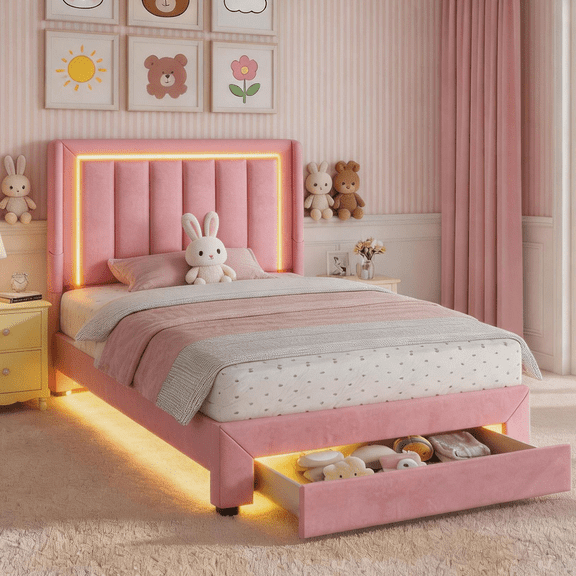 UHOMEPRO Pink Twin Upholstered Bed Frame with LED Lights & Motion Sensor Light, Wooden Storage Drawer, Charging Station, Soft Fabric Platform Bed with Headboard, Quiet & Sturdy No Noise Design