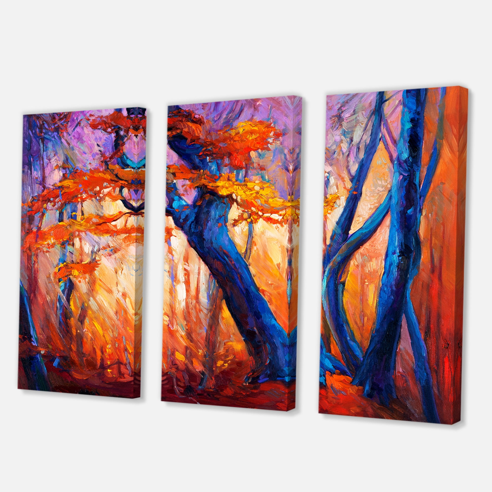 Designart ' Abstract Blue Silhouettes Of Trees In Orange Autumn Forest ' Farmhouse Canvas Wall Art Print