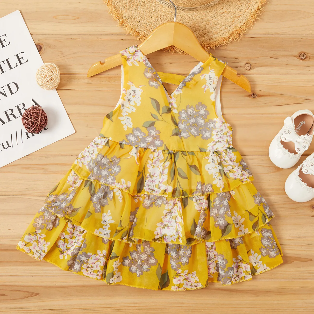 PatPat Girls Summer Dress Toddler Girl Floral Dresses Chiffon Layered  Princess Sundress, Yellow,5-6 Years - Walmart.com