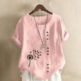 thumbnail image 2 of LMKIHUSA Hauts en Lin et Coton pour Femmes Petite Col Rond Boutons Hauts Boho Tunique à Imprimé Floral T-Shirts Manches Courtes Retroussées Blouses Rose,m, 2 of 4