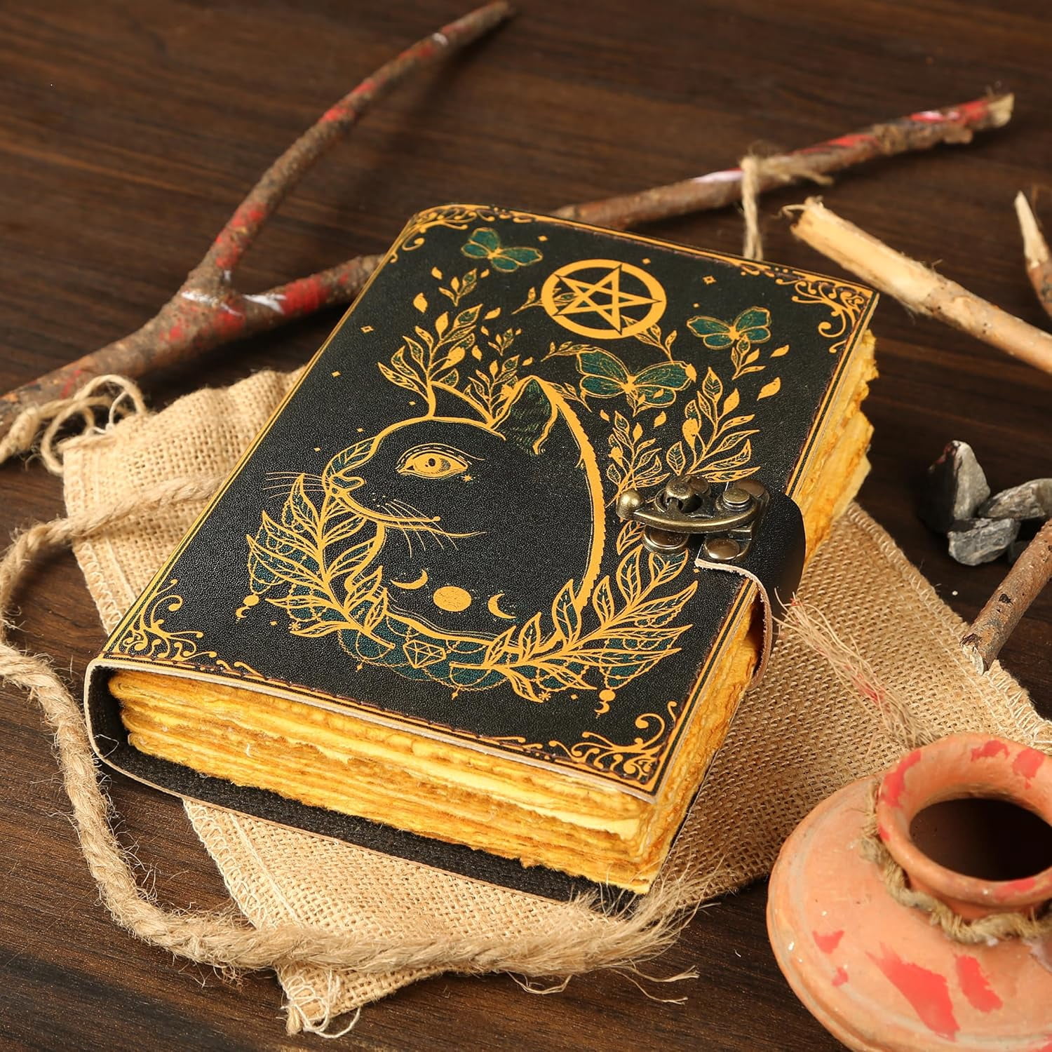 Handmade Leather Cat Journal with Pentagram Design, Gothic Vintage Lock Diary Notebook