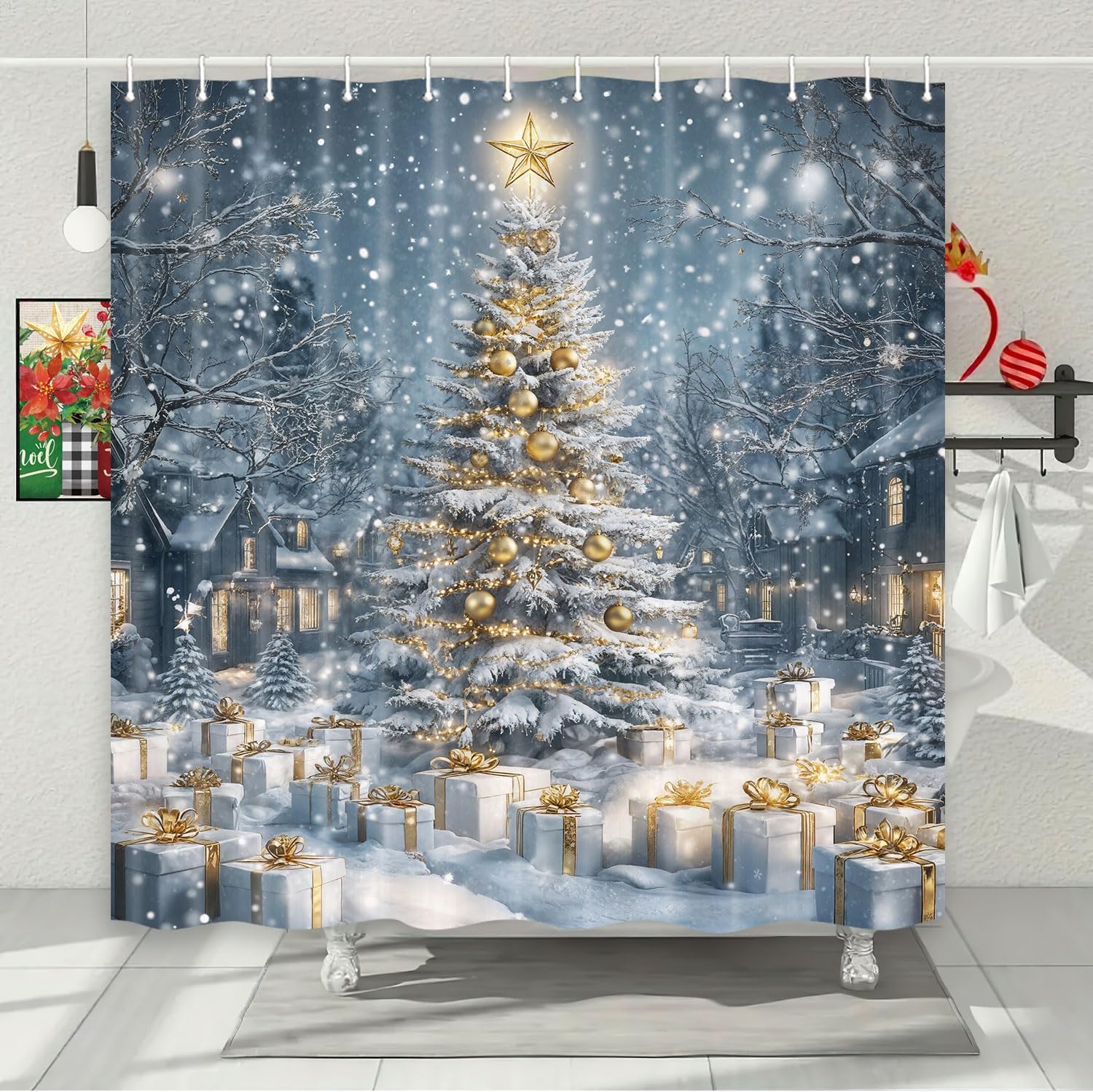 Blue Christmas Shower Curtain Gold Christmas Tree Standing in Snowflakes Holiday Bathroom Decor, Farmhouse Winter Bathroom Accessories 70X70IN