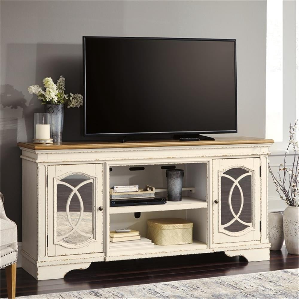Signature Design by Ashley Realyn 74" TV Stand in Chipped White and Brown