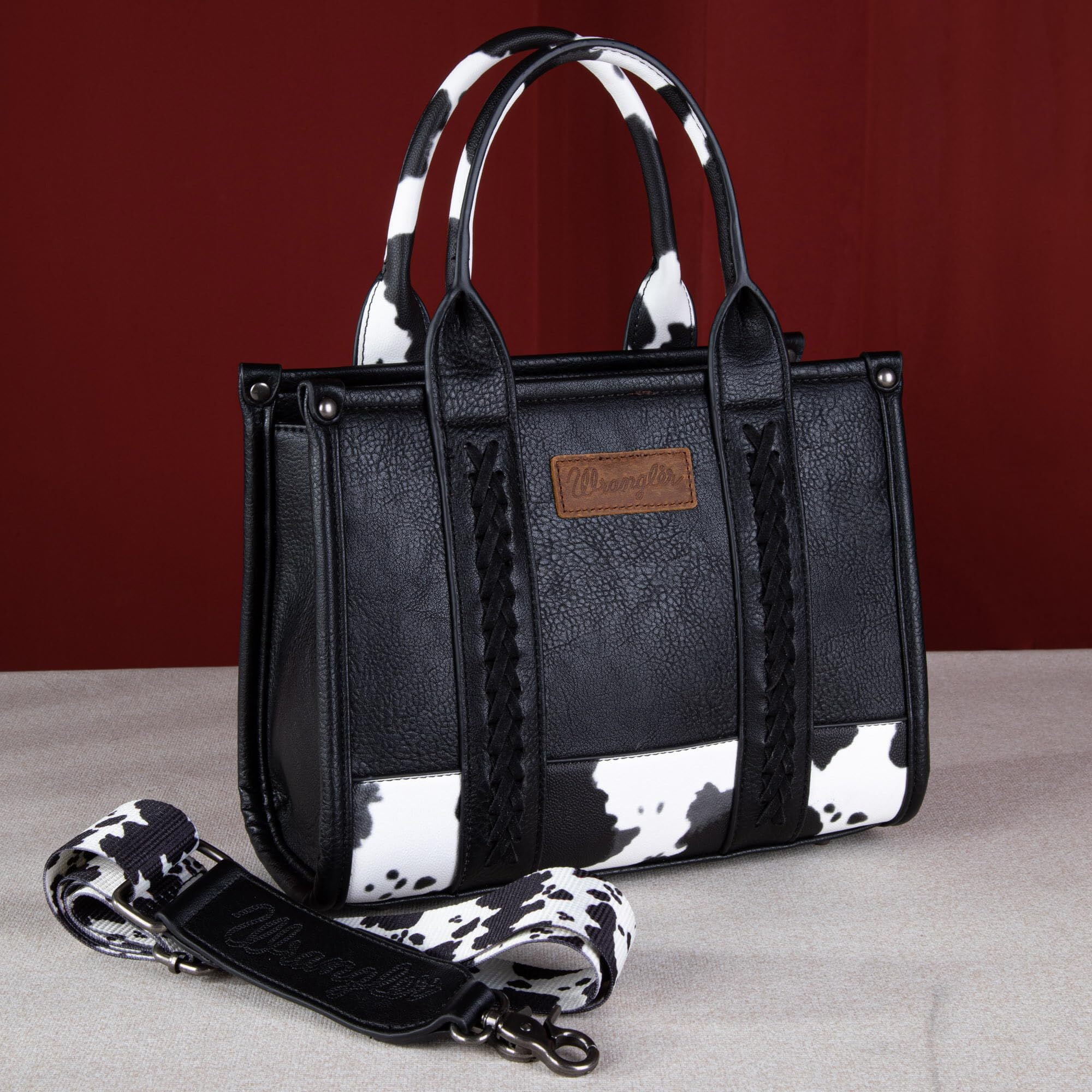Wrangler Medium Tote Bag for Women Designer Satchel Handbags Top-handle Purses with Strap, Bottom Cow-Black