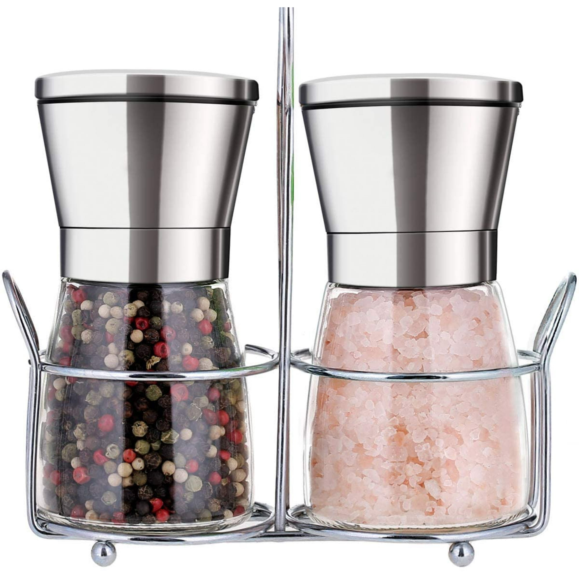 Premium Salt and Pepper Grinder Set with Stand Stainless Steel Manual Spice Adjustable Coarseness with Five Grinding Level Pepper Mill Grinders
