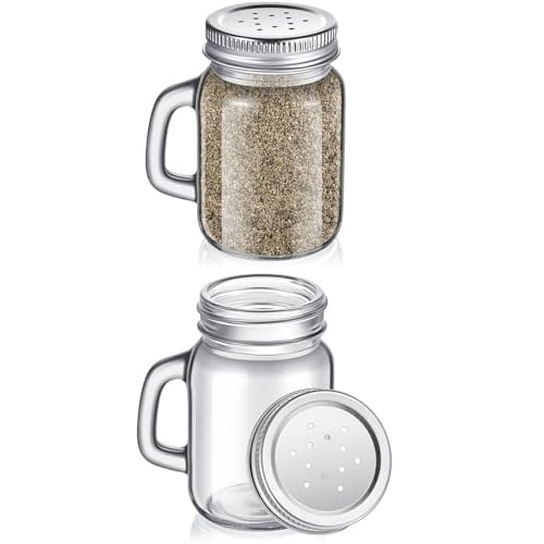 2 Pcs Lsupdaol Glass Salt and Pepper Shakers Clear Mason Jar Mini Salt Shakers for Kitchen with Metal Lid and Handles for Kitchen Table Drinkware Home Accessories (4 oz,Silver)