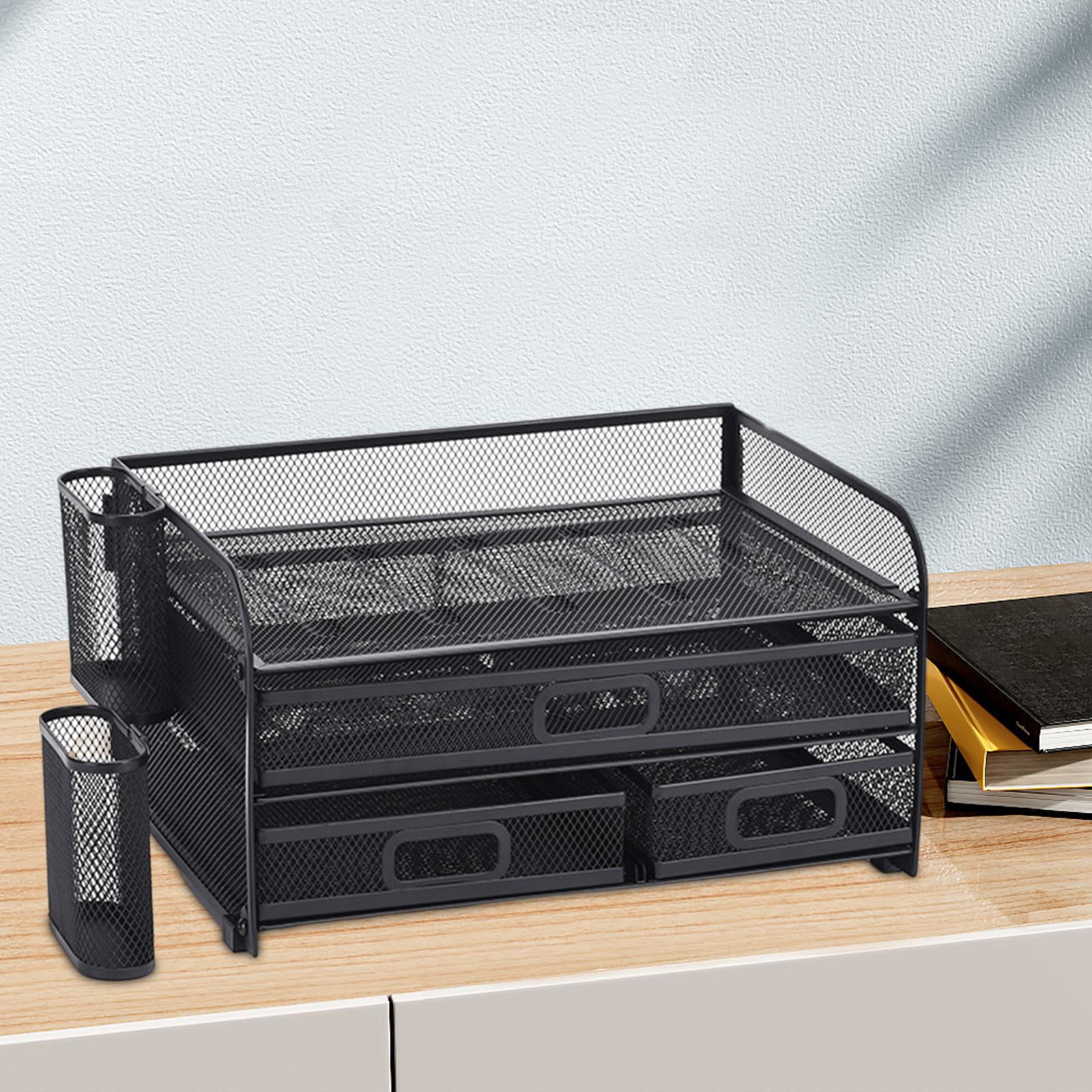 Desk Organizer File Holder Mesh Desktop File Sorter Organizer Office Accessories Organization Metal Folding Document File Tray Rack Desktop with Pencil Holders