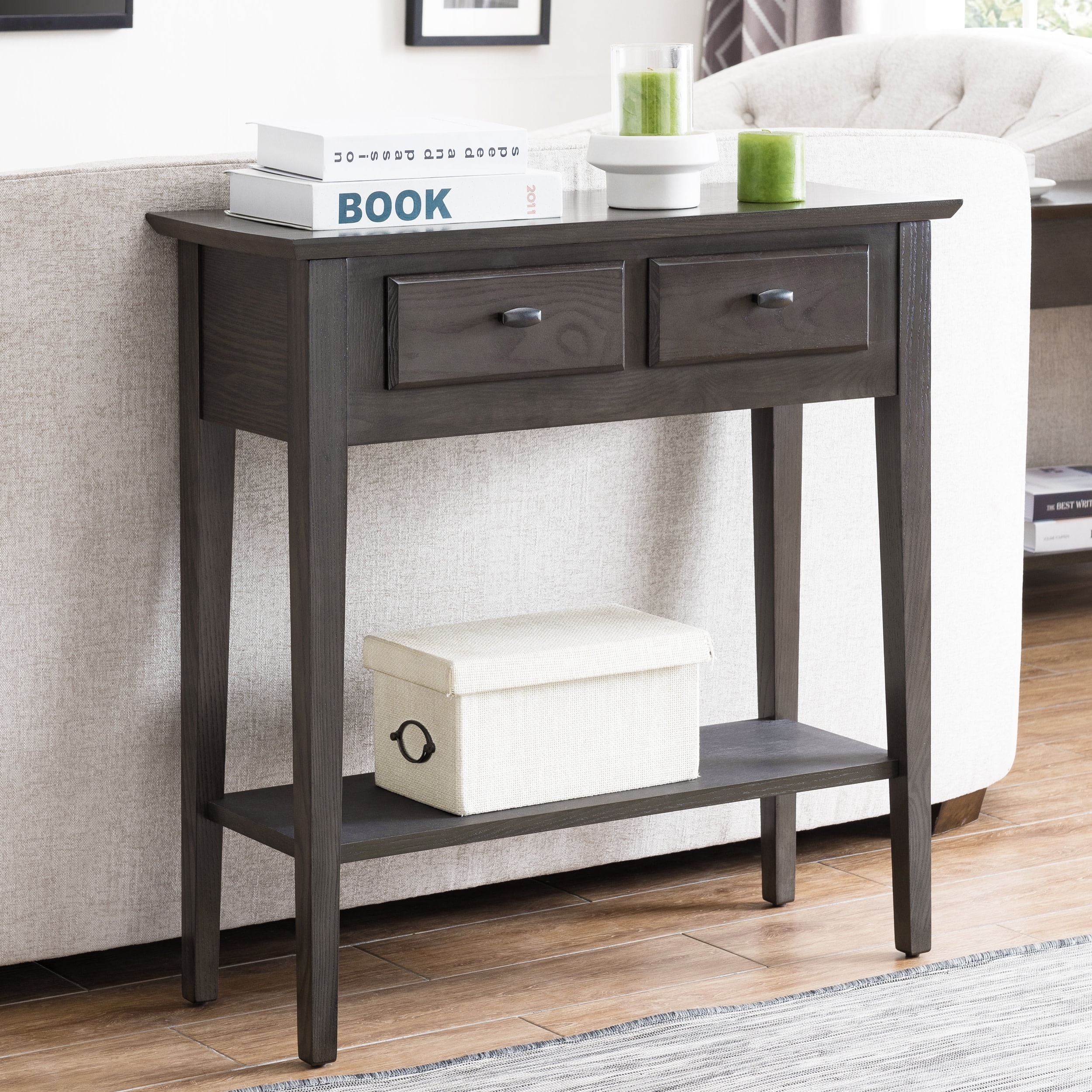 Leick Home Teegan Solid Wood 2-Drawer Entryway Console Table with Shelf, Smoke Gray