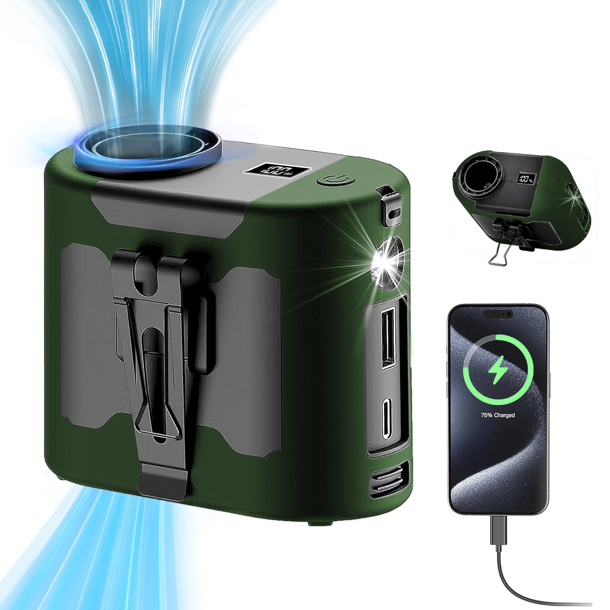 Portable Waist Fan for 10000mAh, Portable Fan with 5-Speed Settings, Dual-Sided Clip on Wearable Belt Personal Fan with Flashlight for Outdoor Camping as Power Bank
