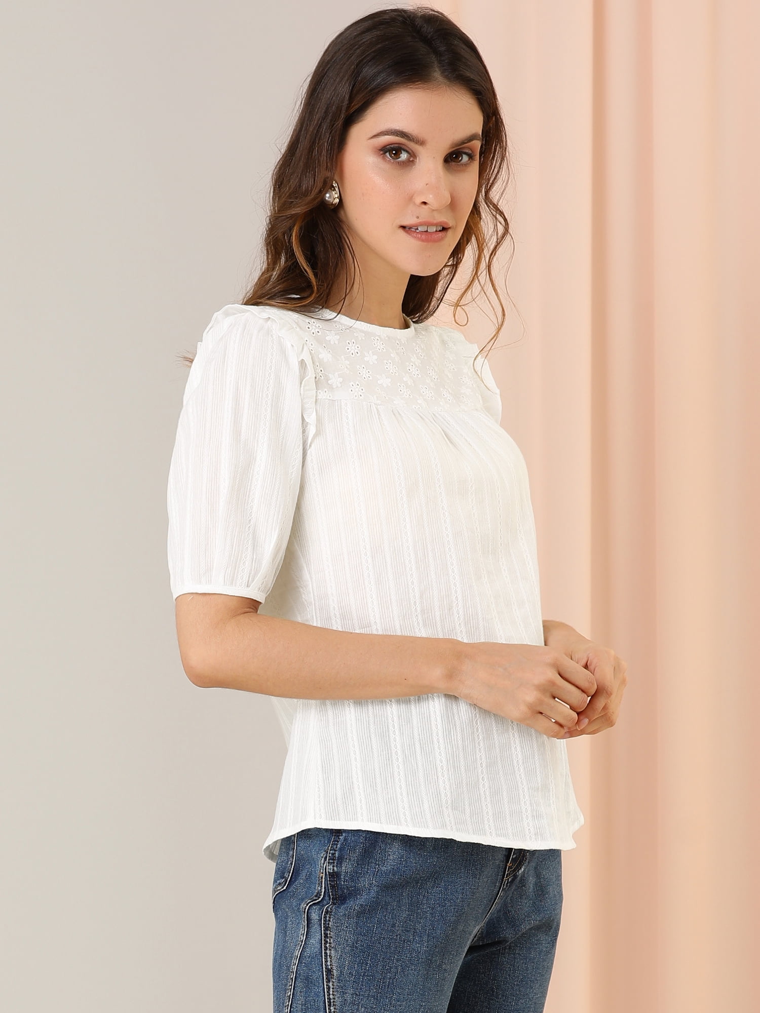DARING DIVA Puff Shoulder Collarless Ruffle Blouse XS White