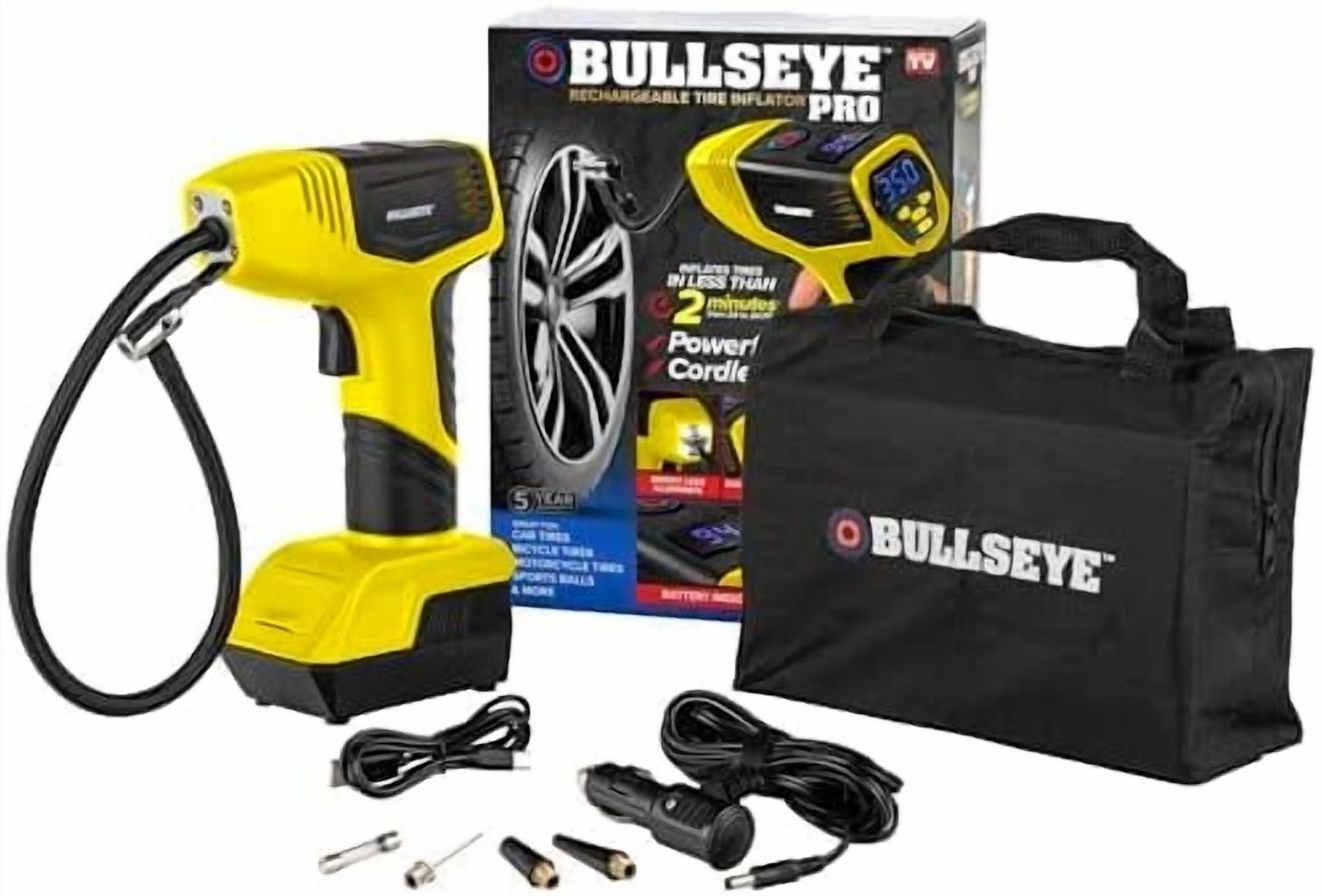 Bullseye Pro Tire Inflator with Pressure Gauge, Compact and Portable, Automatic Shut Off, 150 PSI Max, USB Home Rechargeable and Cord for Vehicular Use As Seen On TV, Yellow
