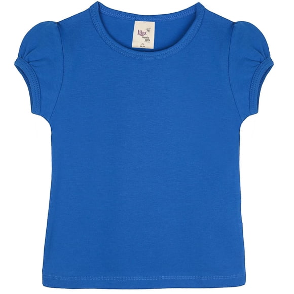 Lilax Camiseta básica de algodón con cuello redondo y manga corta abullonada para niña 12 Azul real