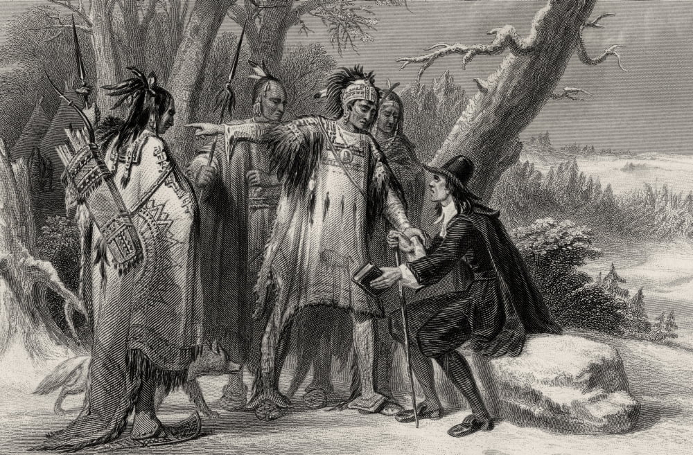 Roger Williams Sheltered By The Narragansetts Roger Williams C1603 - 1683 English Essayist Clergyman Pamphleteeer And Religious Writer Founder Of The Colony Of Rhode Island From A 19Th Century Print E
