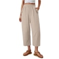 thumbnail image 2 of LEKWK Linen Crop Pants for Women Elastic Waist Casual Wide Leg Pants Loose Fit Solid Comfy Palazzo Bottoms with Pockets Fashion Beach Vacation Outfits, 2 of 7