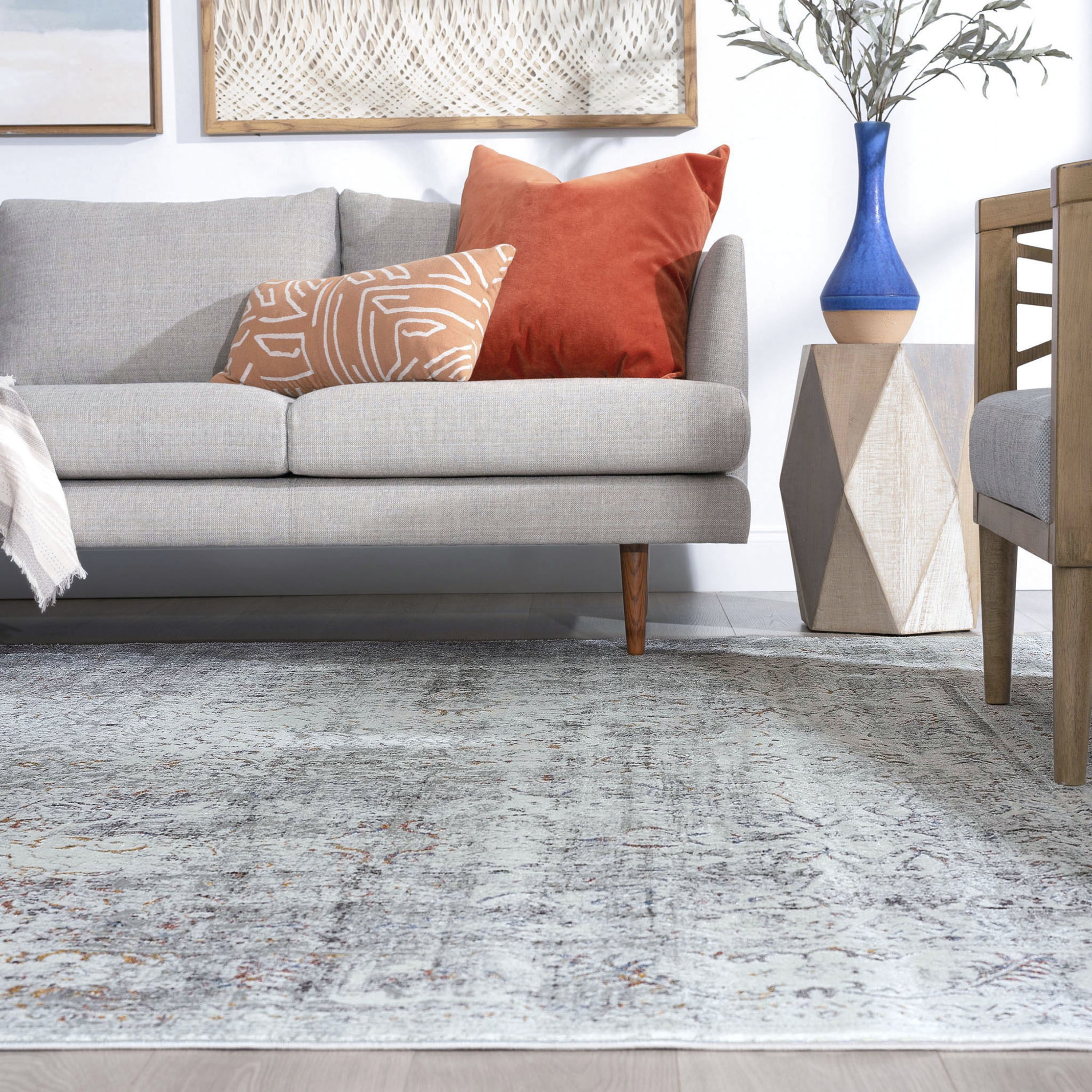 Traditional 5x8 Area Rug (5'3'' x 7'3'') Damask Gray, Teal Living Room Easy to Clean