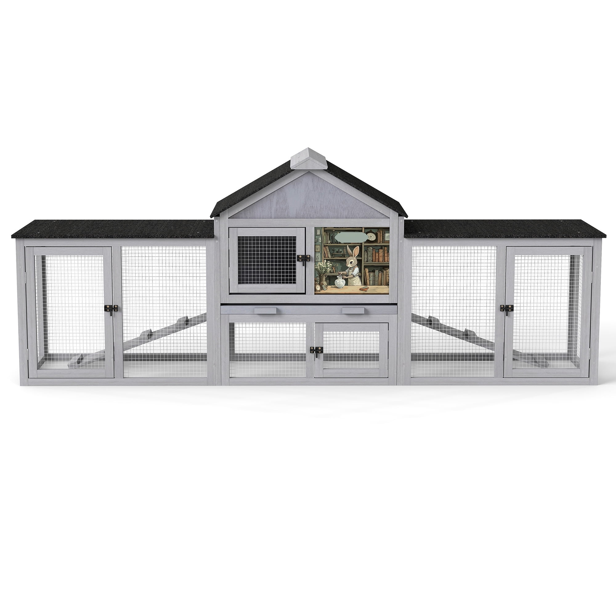 Pefilos 83" Large Rabbit Hutch, Outdoor Hen House with Tray and Climb Ramp, Wood Bunny Cage Chicken Coops Nesting Box for Small Animals, Gray