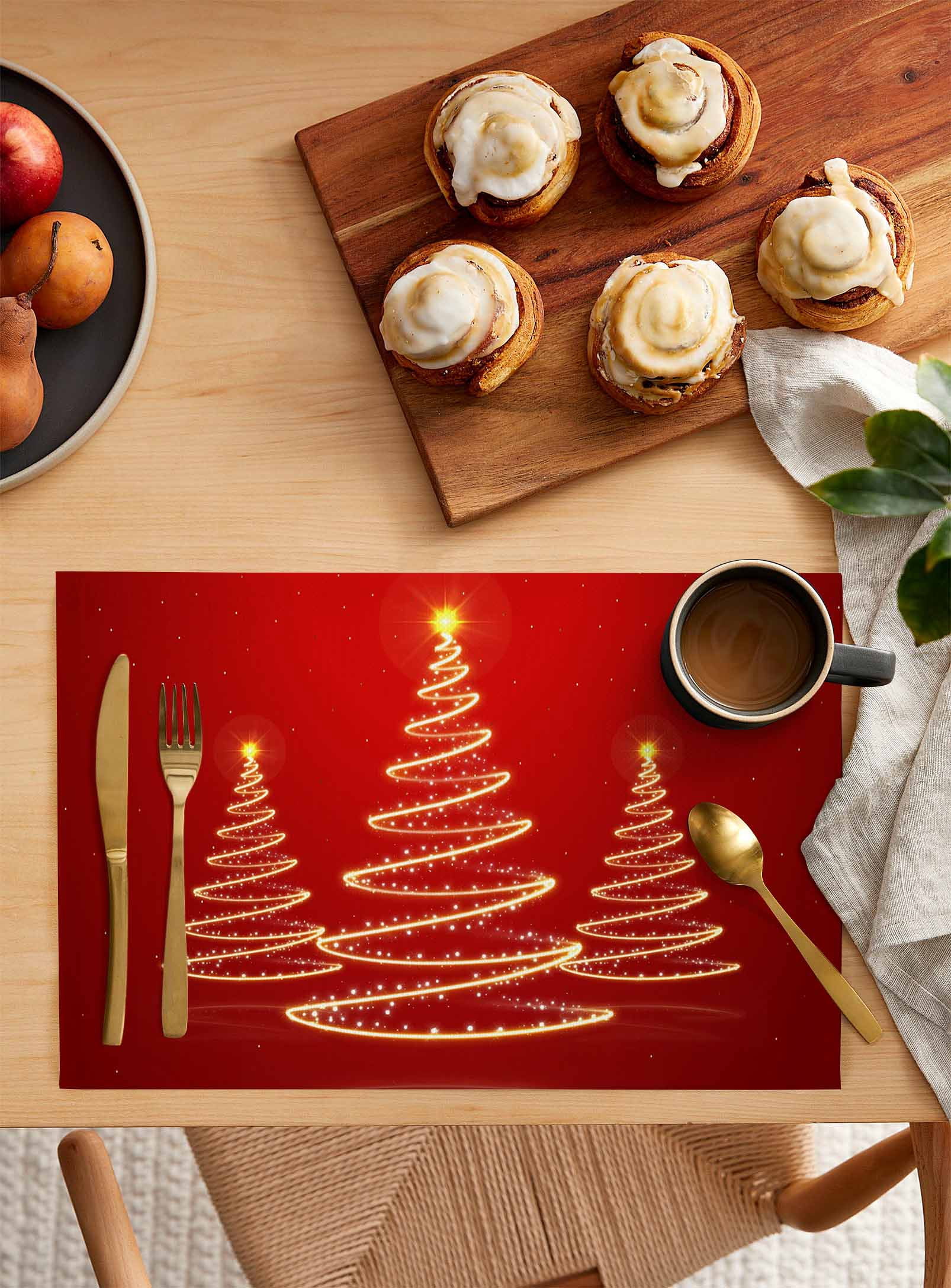 Winter Christmas Placemats Set of 8 Abstract Lights Tree Red Background Heat Insulation Washable Place Mats, Rustic Non-Slip Table Mats for Dining Table Party Kitchen Decor,13x19 Inch
