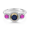 thumbnail image 2 of Gem Stone King 0.83 Ct Round Blue Sapphire Pink Sapphire 925 Silver and 10K Yellow Gold 3 Stone Women's Lab Grown Diamond Ring (Size 9), 2 of 3