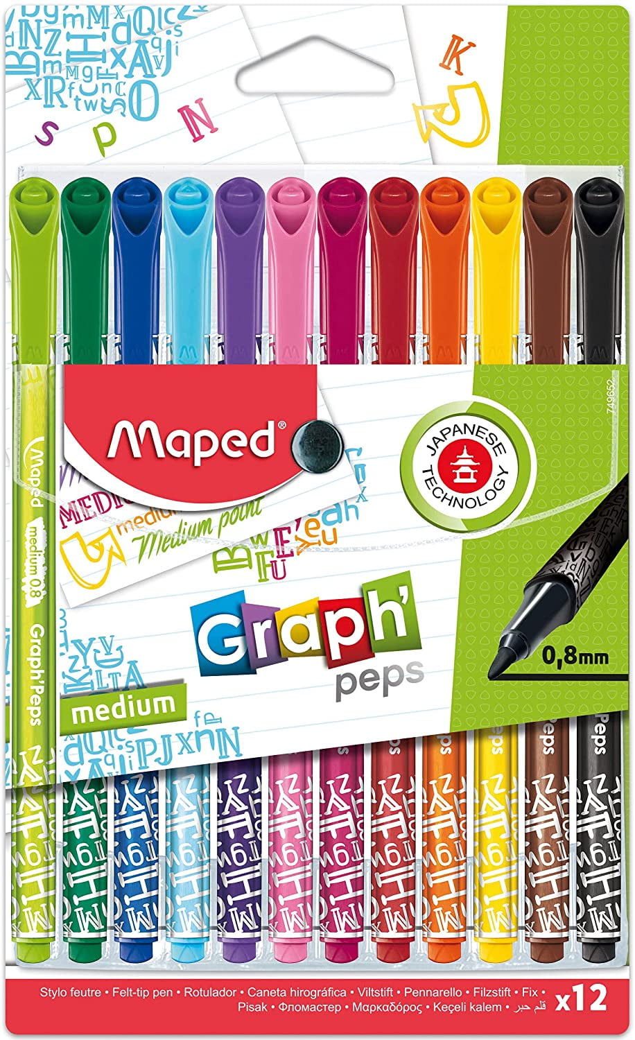0.8mm Assorted Colours 749652 Maped GraphPeps Medium Felt Tipped Pens Pack of 12