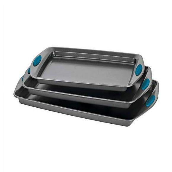 Rachael Ray 47425 3-Piece Cookie Pan Steel Baking Sheet Set, Gray with Marine Blue Grips