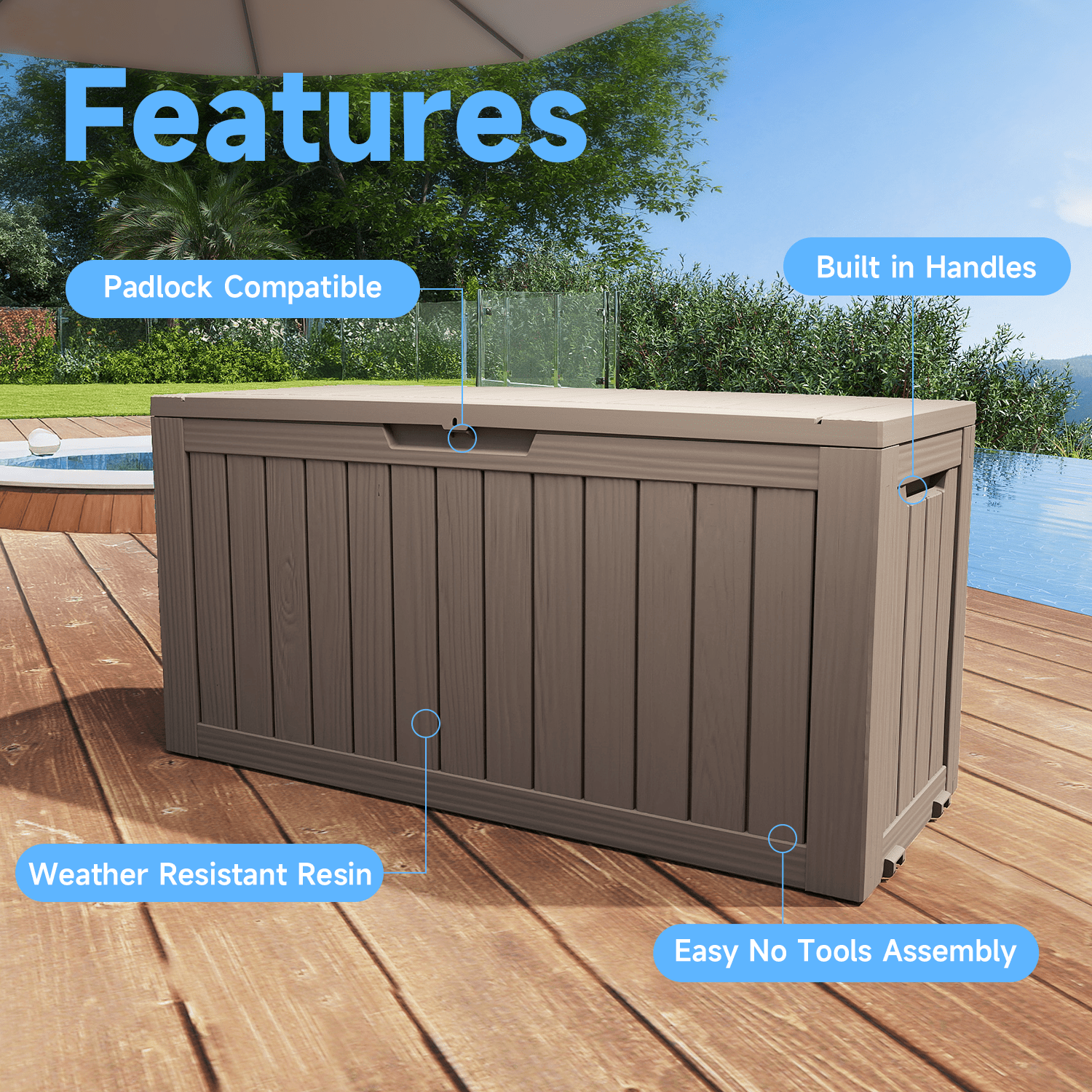 MAYEERTY 80 Gallon Outdoor Deck Box, Large Capacity Storage Box for Patio Furniture Cushions, Pillow with Wheels, Light Brown