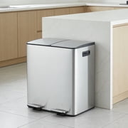 2 x 5.3 Gallon Dual Compartment Stainless Steel Trash Can, Hands-Free Recycling Bin with Soft Close Lid, Foldable Step Pedal and Removable Inner Buckets for Kitchen Office - Silver