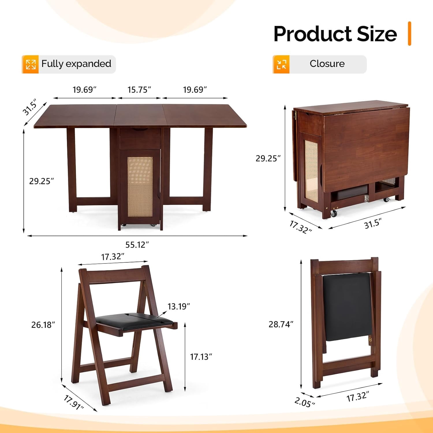 VINGLI Folding Dining Table Extendable Drop Leaf Foldable Table 5 Piece with 4 Chairs 2 Drawers and Wheels for Kitchen Space Saving，Natural