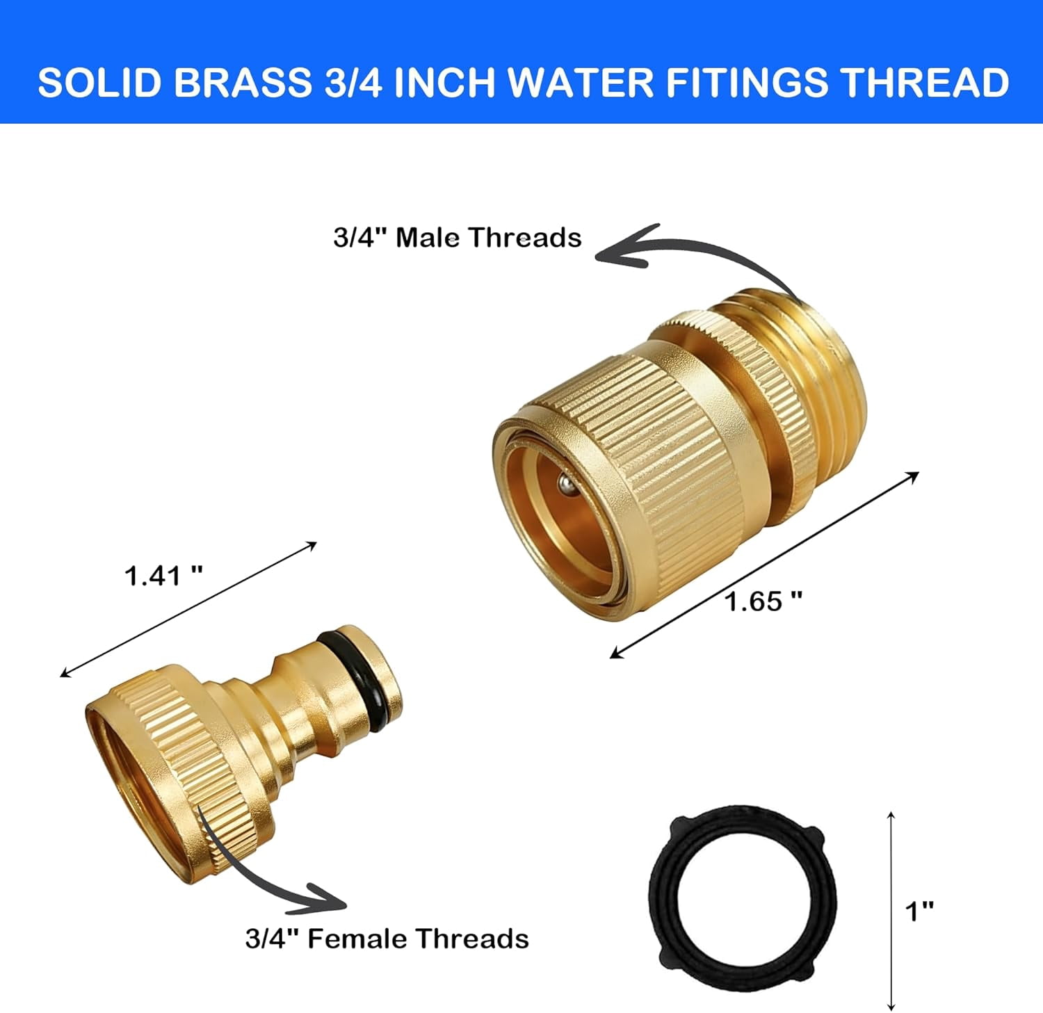 Garden Hose Quick Connect, 4 Set Solid Brass 3/4 Inch GHT Thread Garden Hose Quick Connect Fittings, No-Leak Male and Female Water Hose Quick Release Connectors
