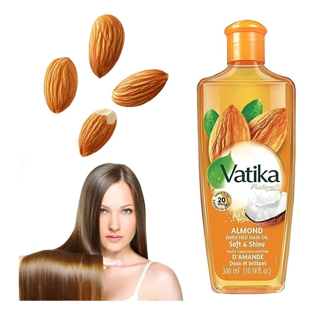 aceite para cabello enriquecido mas suavidad vatika naturals botella 300 ml frontal con etiqueta que muestra almendras y hojas; almendras flotando y modelo con cabello largo, liso y brillante para ilustrar suavidad, hidratación y brillo; también suele usarse para añadir brillo en peinados.