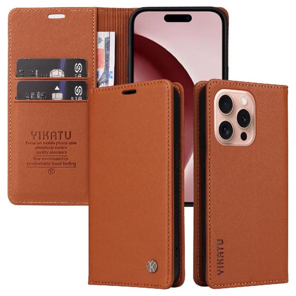 Funda para iPhone 16 Pro Estuche de Cuero PU Tipo Cartera con Ranuras para Tarjetas y Cierre Magnético