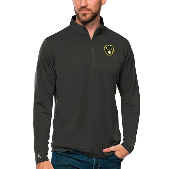 Men's Antigua Charcoal Milwaukee Brewers Tribute Quarter-Zip Pullover Top
