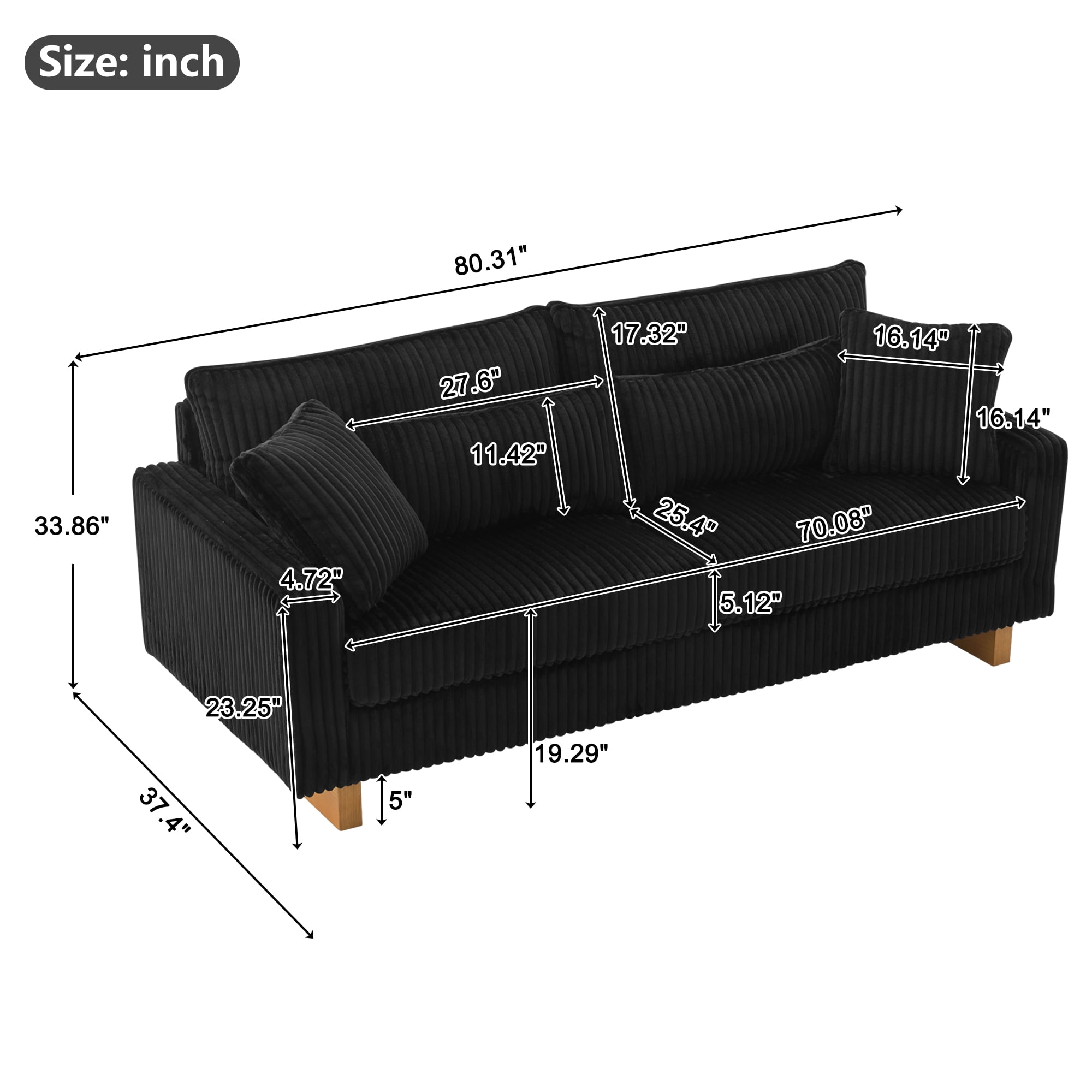 80.3" Corduroy Sofa Couch with Deep Seat,Modern Upholstered Loveseat Sofa with Four Pillows for Living Room Office,Black