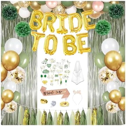 Bridal Shower Decoration,Morandi Green Bridal Veil Bachelor Party,Wedding Gift,Rose Gold Wire with Gold Foil Letters Crown,Bridal Shower Balloon ,Tassel Curtain,Photography Prop Decoration